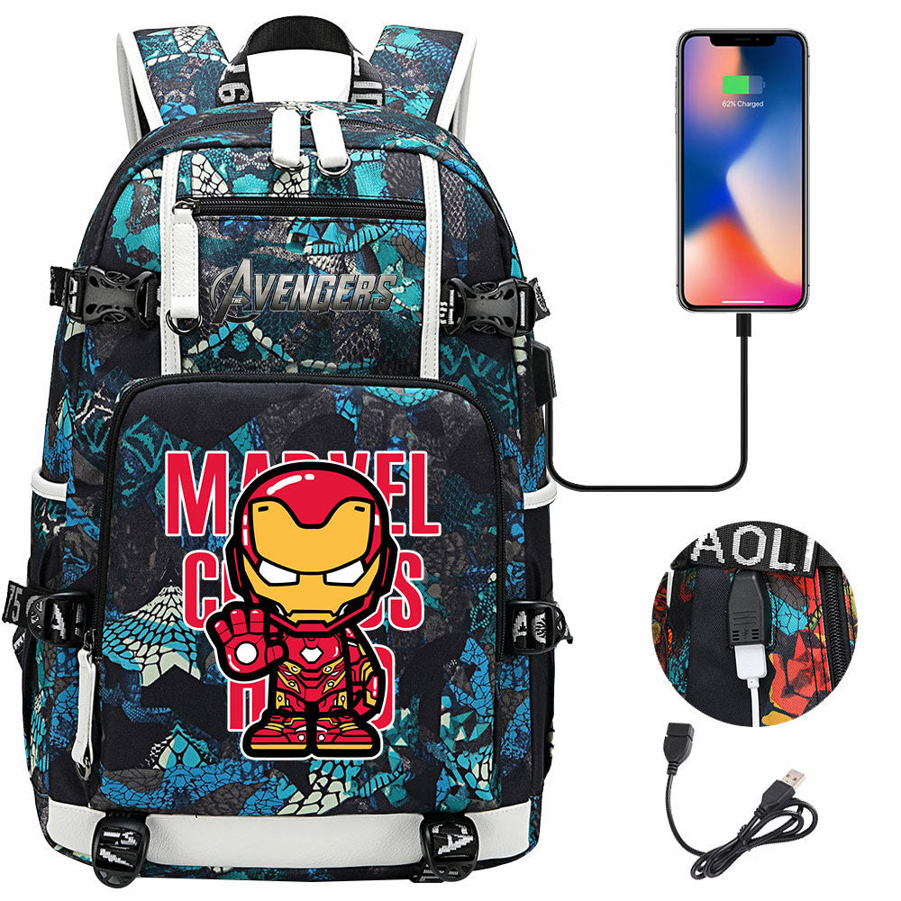 Avengers Superhero Iron Man Captain America Spiderman Hulk Thor Thanos USB Charging Backpack School NoteBook Laptop Travel Bags
