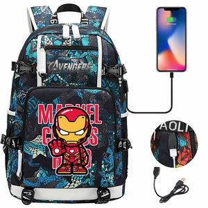 Avengers Superhero Iron Man Captain America Spiderman Hulk Thor Thanos USB Charging Backpack School NoteBook Laptop Travel Bags