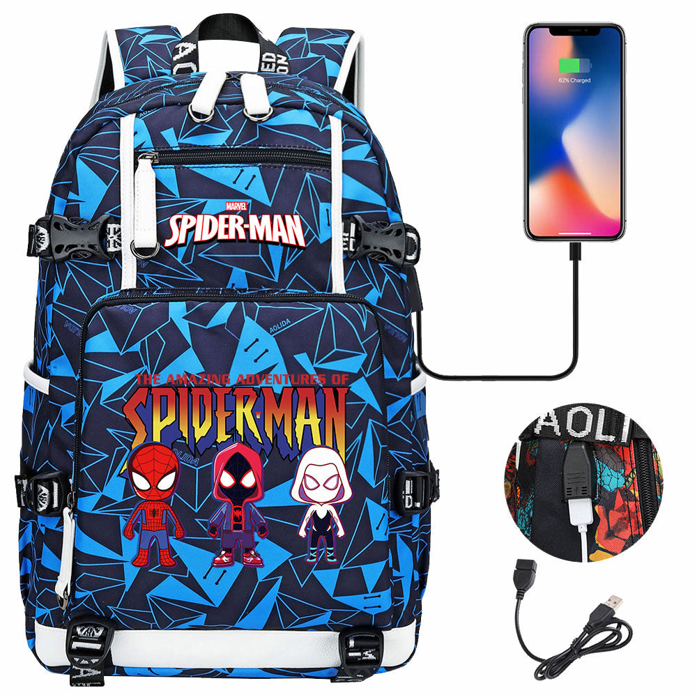 Spiderman Gwen Miles Morales  USB Charging Backpack School NoteBook Laptop Travel Bags