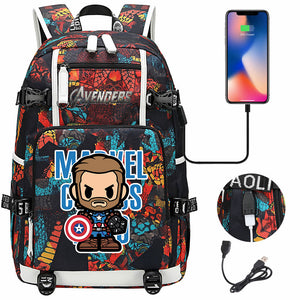 Avengers Superhero Iron Man Captain America Spiderman Hulk Thor Thanos USB Charging Backpack School NoteBook Laptop Travel Bags