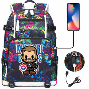 Avengers Superhero Iron Man Captain America Spiderman Hulk Thor Thanos USB Charging Backpack School NoteBook Laptop Travel Bags