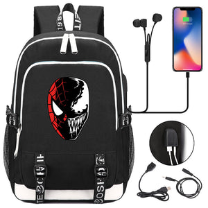 Spiderman Venom Superhero USB Charging Backpack School Note Book Laptop Travel Bags