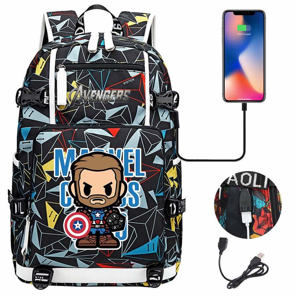 Avengers Superhero Iron Man Captain America Spiderman Hulk Thor Thanos USB Charging Backpack School NoteBook Laptop Travel Bags