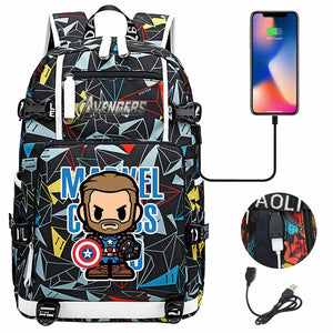Avengers Superhero Iron Man Captain America Spiderman Hulk Thor Thanos USB Charging Backpack School NoteBook Laptop Travel Bags