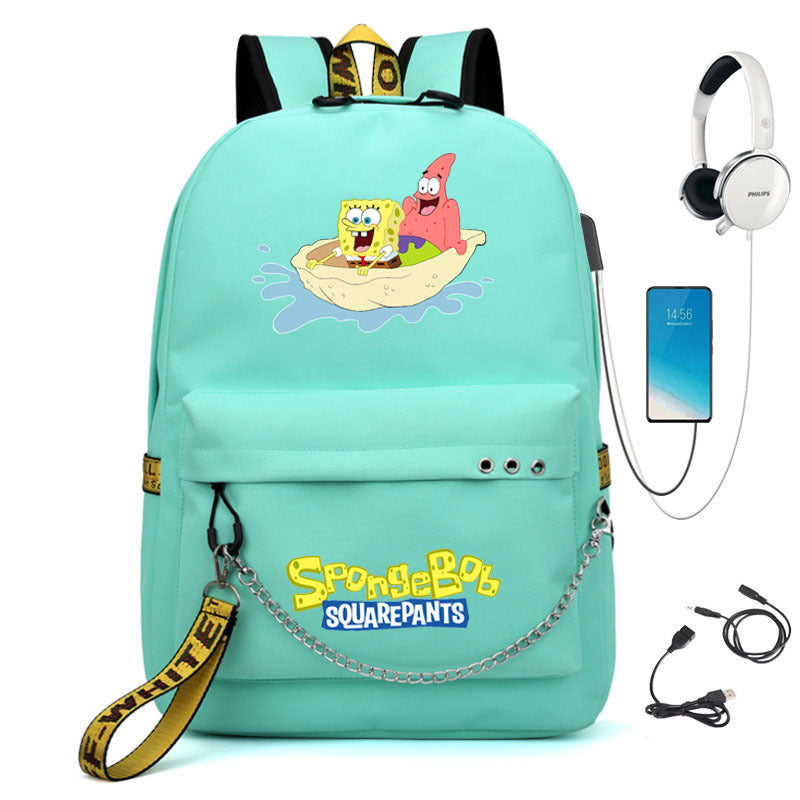 Square Pants Sponge Bob  Shool Bag Backpack USB Charging Students Notebook Bag for Kids Gifts