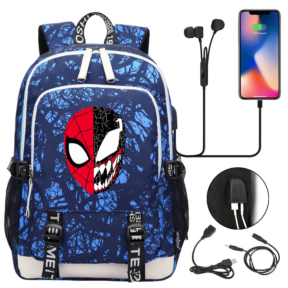 Spiderman Venom Superhero USB Charging Backpack School Note Book Laptop Travel Bags