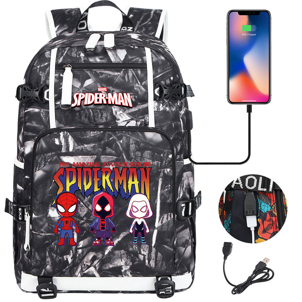 Spiderman Gwen Miles Morales  USB Charging Backpack School NoteBook Laptop Travel Bags