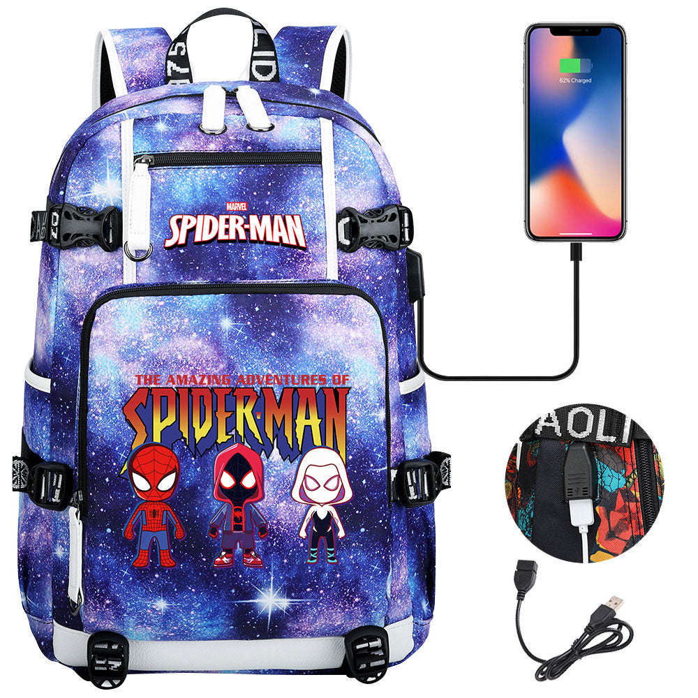 Spiderman Gwen Miles Morales  USB Charging Backpack School NoteBook Laptop Travel Bags
