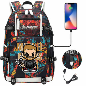 Avengers Superhero Iron Man Captain America Spiderman Hulk Thor Thanos USB Charging Backpack School NoteBook Laptop Travel Bags