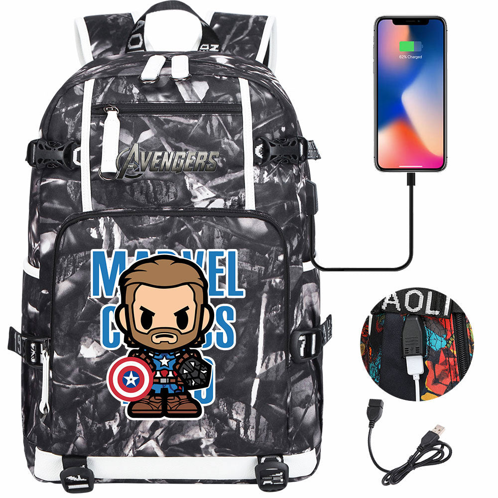 Avengers Superhero Iron Man Captain America Spiderman Hulk Thor Thanos USB Charging Backpack School NoteBook Laptop Travel Bags