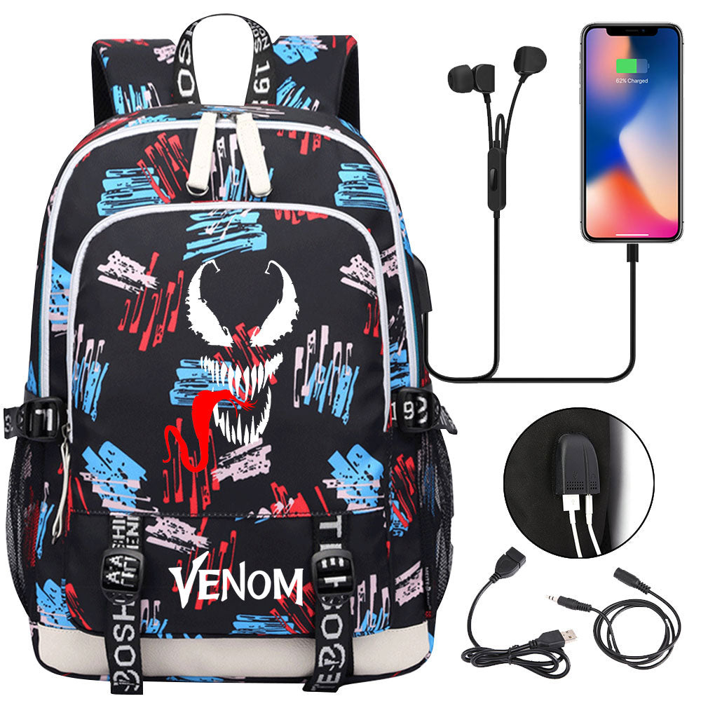 Venom Superhero USB Charging Backpack School Note Book Laptop Travel Bags