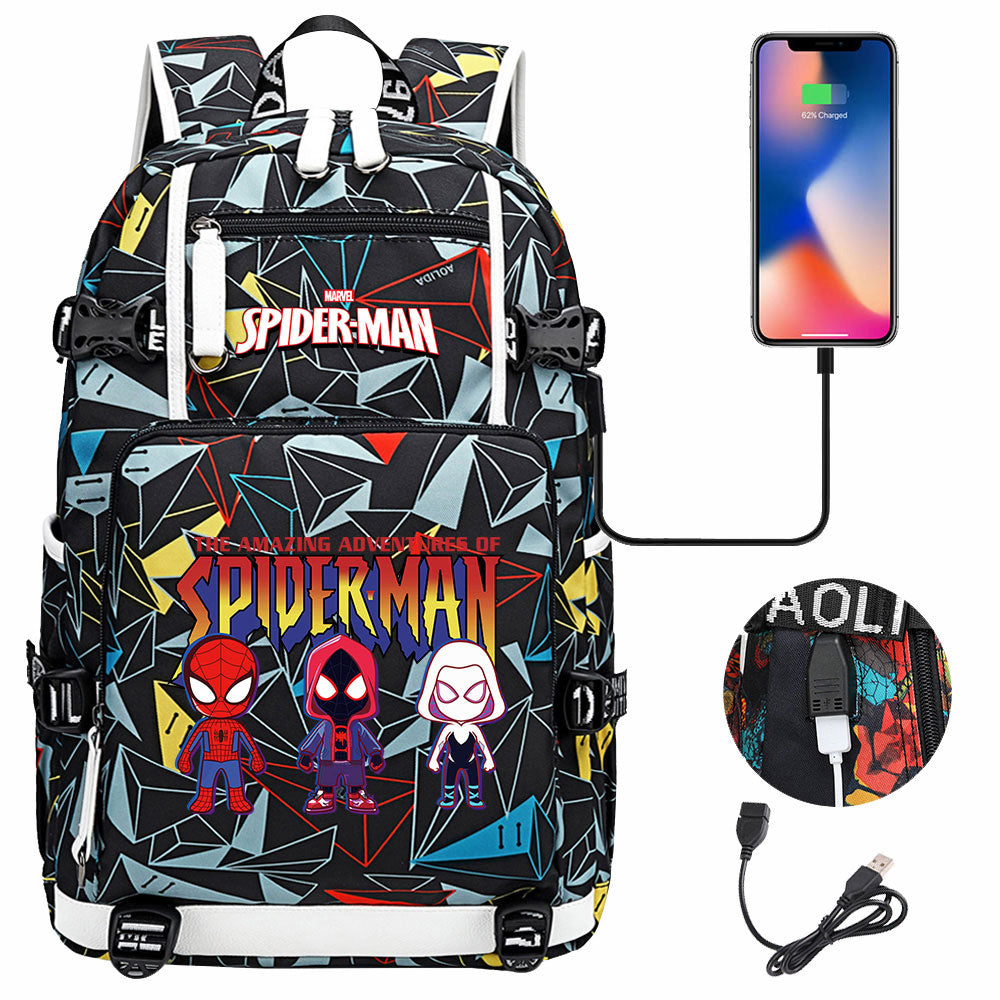 Spiderman Gwen Miles Morales  USB Charging Backpack School NoteBook Laptop Travel Bags