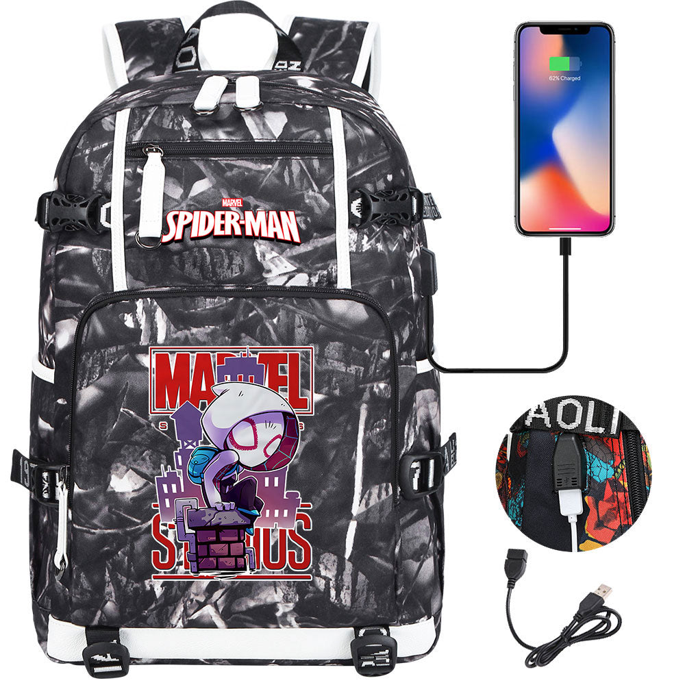 Spiderman Gwen Miles Morales  USB Charging Backpack School NoteBook Laptop Travel Bags