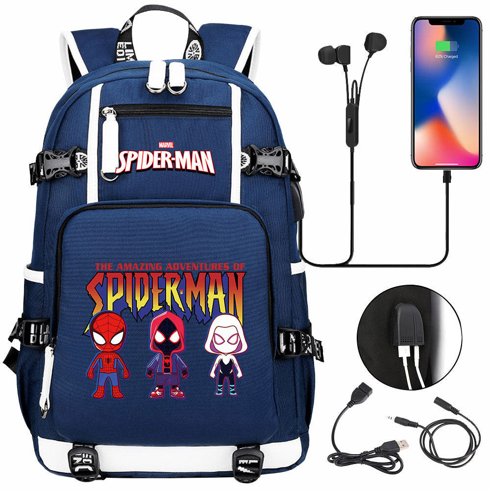 Spiderman Gwen Miles Morales  USB Charging Backpack School NoteBook Laptop Travel Bags