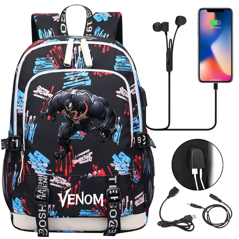 Venom Superhero USB Charging Backpack School Note Book Laptop Travel Bags