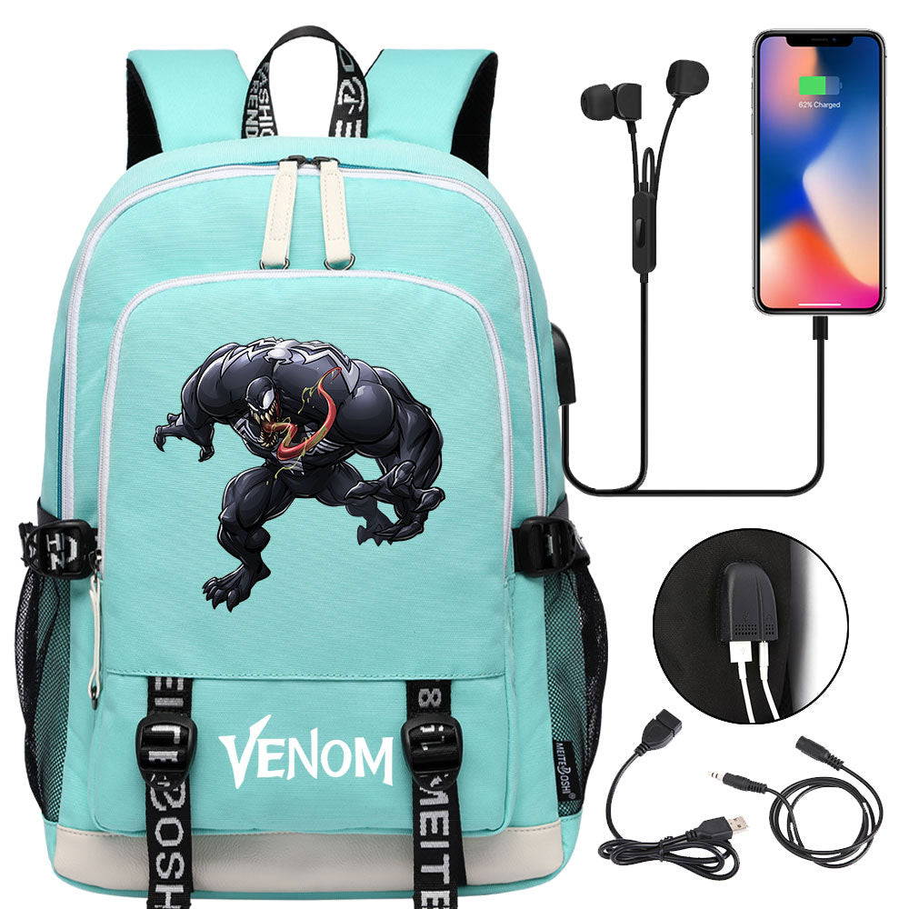 Venom Superhero USB Charging Backpack School Note Book Laptop Travel Bags