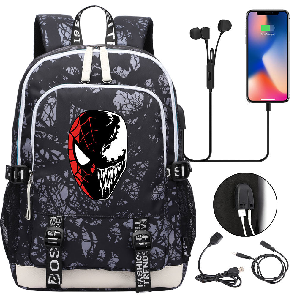 Spiderman Venom Superhero USB Charging Backpack School Note Book Laptop Travel Bags