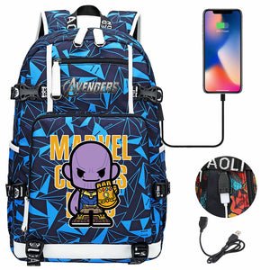 Avengers Superhero Iron Man Captain America Spiderman Hulk Thor Thanos USB Charging Backpack School NoteBook Laptop Travel Bags