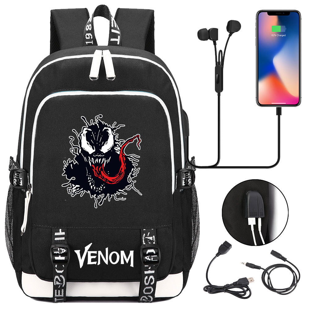 Venom Superhero USB Charging Backpack School Note Book Laptop Travel Bags