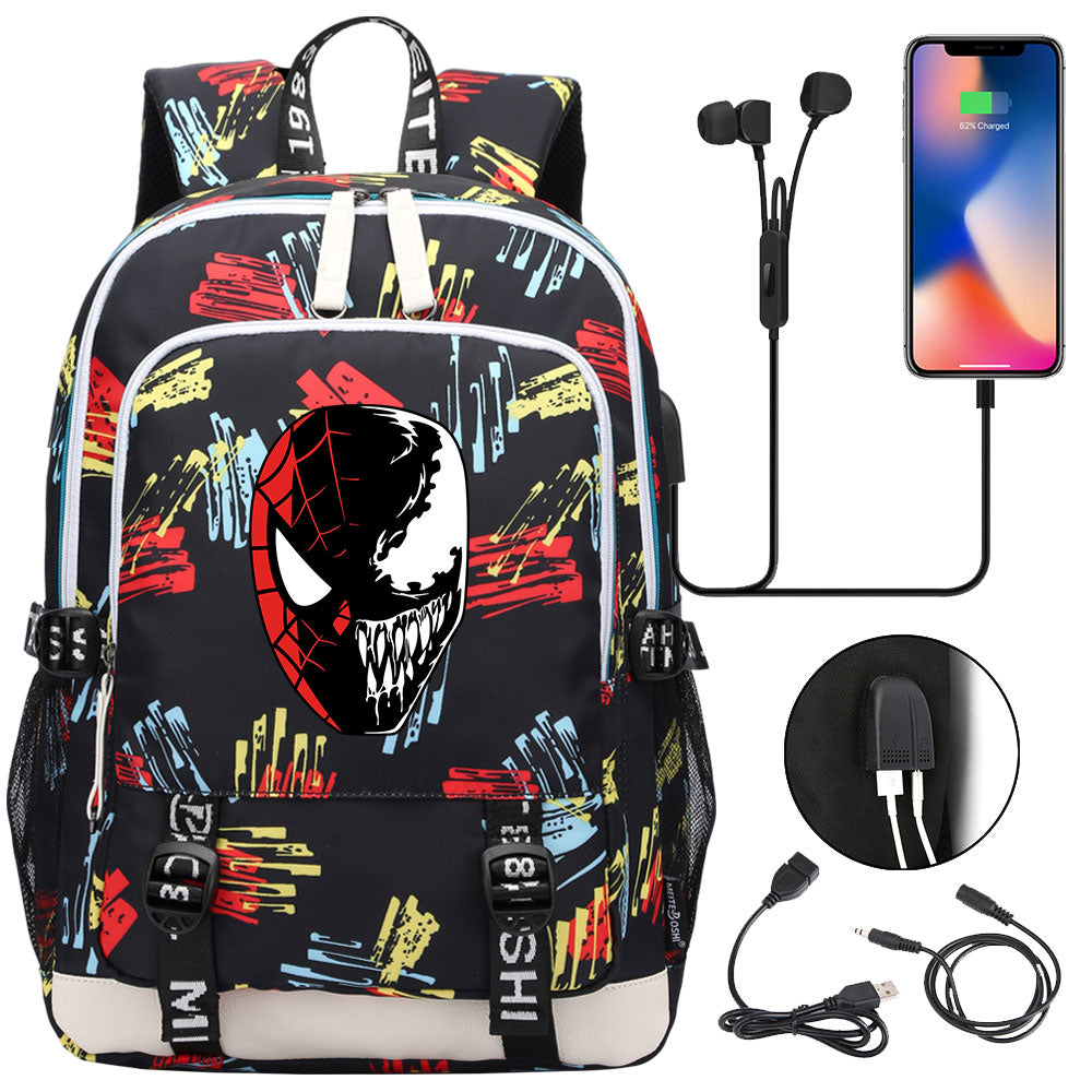 Spiderman Venom Superhero USB Charging Backpack School Note Book Laptop Travel Bags
