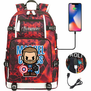 Avengers Superhero Iron Man Captain America Spiderman Hulk Thor Thanos USB Charging Backpack School NoteBook Laptop Travel Bags