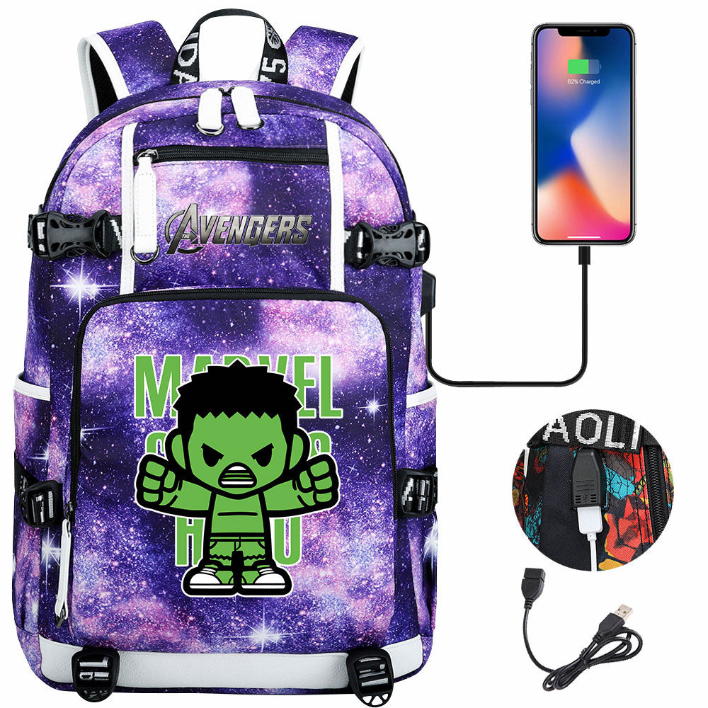 Avengers Superhero Iron Man Captain America Spiderman Hulk Thor Thanos USB Charging Backpack School NoteBook Laptop Travel Bags