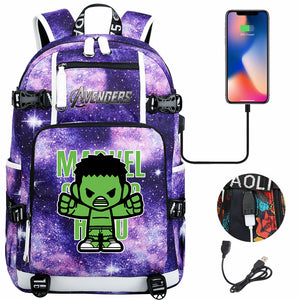Avengers Superhero Iron Man Captain America Spiderman Hulk Thor Thanos USB Charging Backpack School NoteBook Laptop Travel Bags
