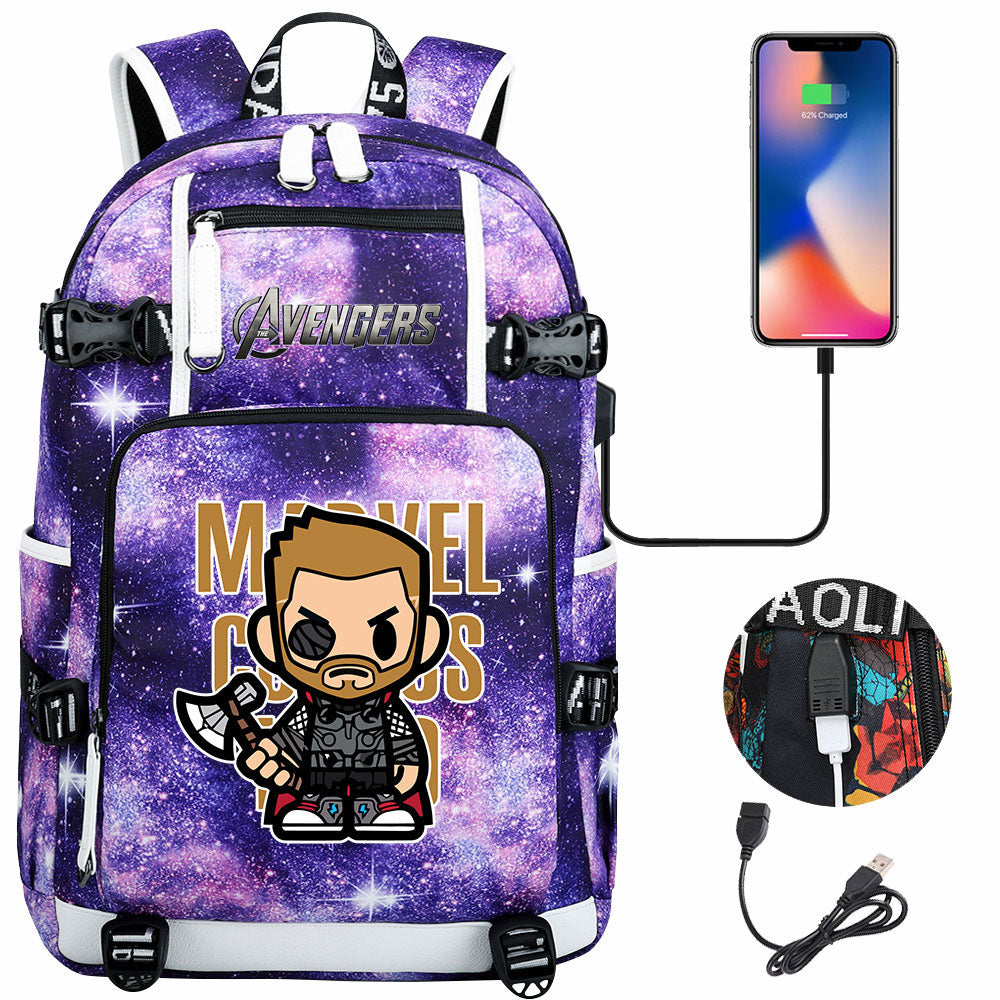 Avengers Superhero Iron Man Captain America Spiderman Hulk Thor Thanos USB Charging Backpack School NoteBook Laptop Travel Bags