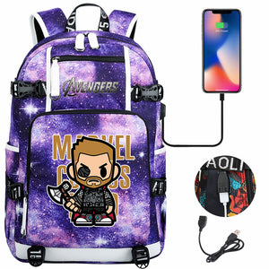 Avengers Superhero Iron Man Captain America Spiderman Hulk Thor Thanos USB Charging Backpack School NoteBook Laptop Travel Bags