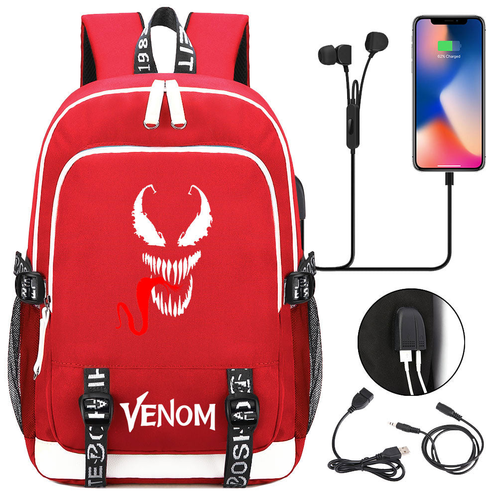 Venom Superhero USB Charging Backpack School Note Book Laptop Travel Bags