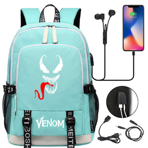 Venom Superhero USB Charging Backpack School Note Book Laptop Travel Bags
