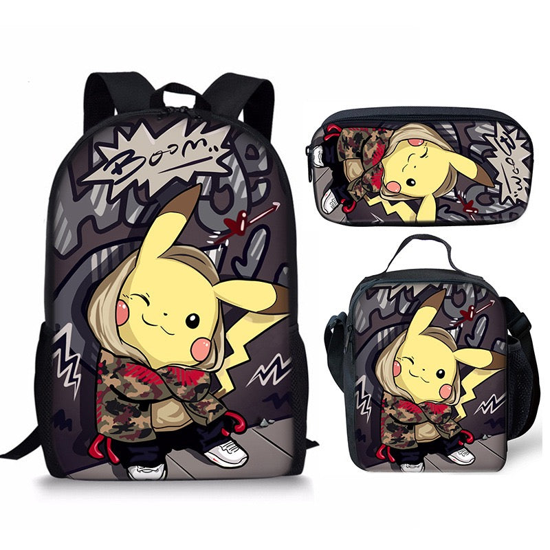 Pikachu Schoolbag Backpack Lunch Bag Pencil Case 3pcs Set Gift for Kids Students