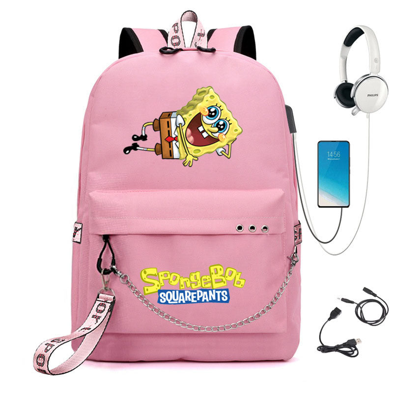 Square Pants Sponge Bob  Shool Bag Backpack USB Charging Students Notebook Bag for Kids Gifts