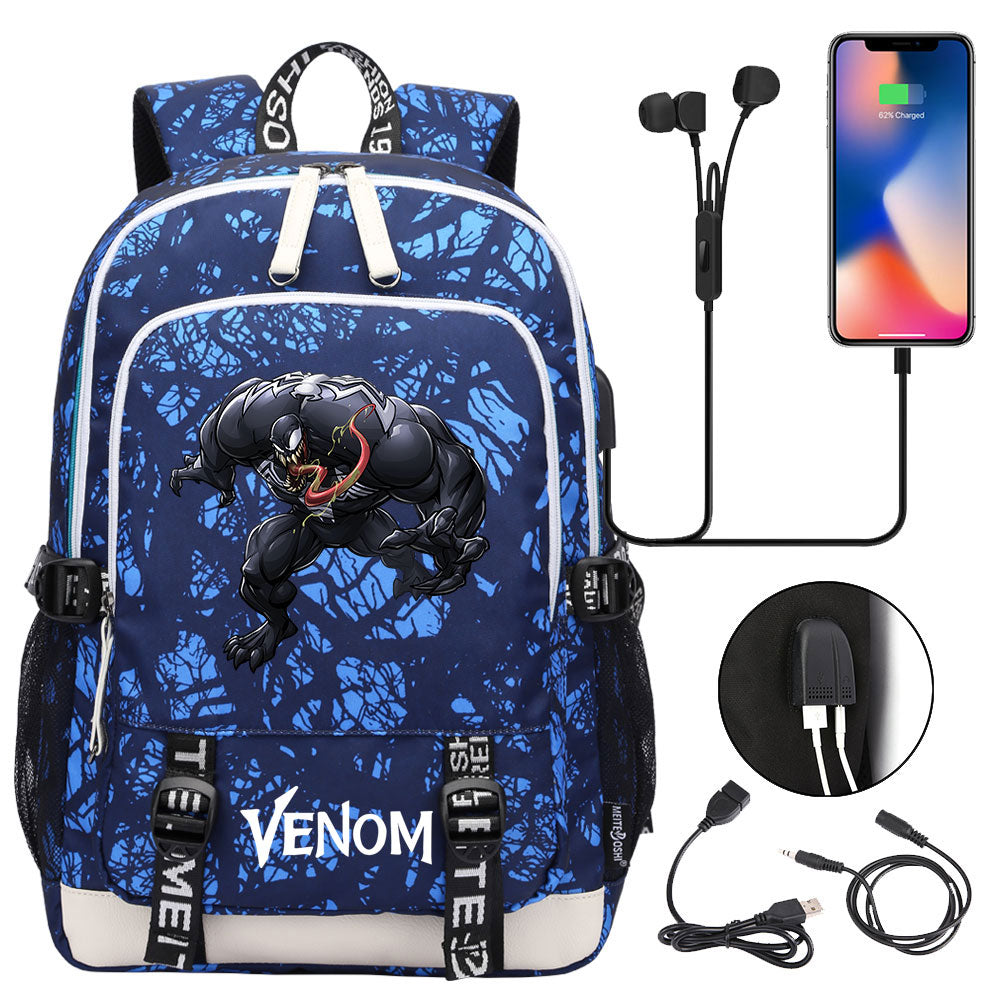 Venom Superhero USB Charging Backpack School Note Book Laptop Travel Bags