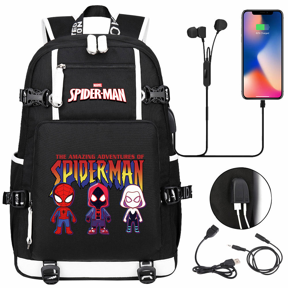 Spiderman Gwen Miles Morales  USB Charging Backpack School NoteBook Laptop Travel Bags