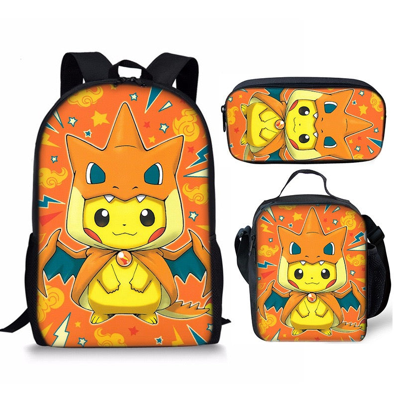 Pikachu Schoolbag Backpack Lunch Bag Pencil Case 3pcs Set Gift for Kids Students