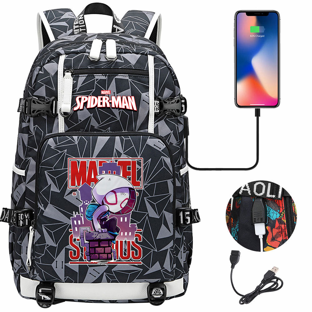 Spiderman Gwen Miles Morales  USB Charging Backpack School NoteBook Laptop Travel Bags