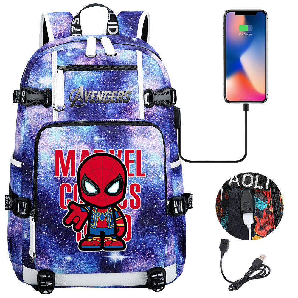Avengers Superhero Iron Man Captain America Spiderman Hulk Thor Thanos USB Charging Backpack School NoteBook Laptop Travel Bags