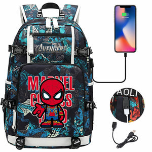 Avengers Superhero Iron Man Captain America Spiderman Hulk Thor Thanos USB Charging Backpack School NoteBook Laptop Travel Bags