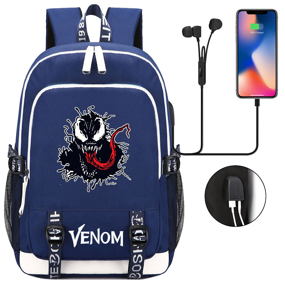 Venom Superhero USB Charging Backpack School Note Book Laptop Travel Bags