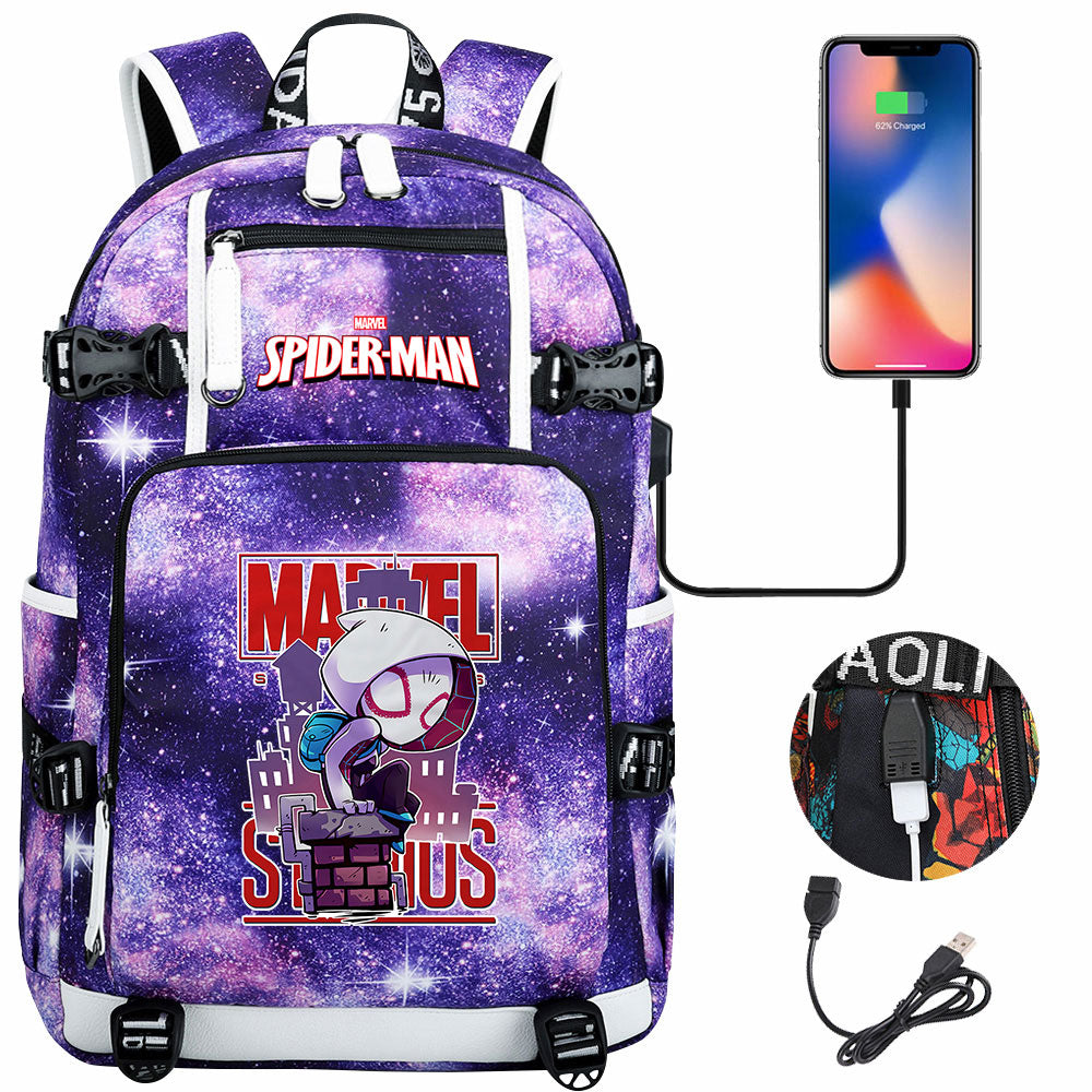 Spiderman Gwen Miles Morales  USB Charging Backpack School NoteBook Laptop Travel Bags