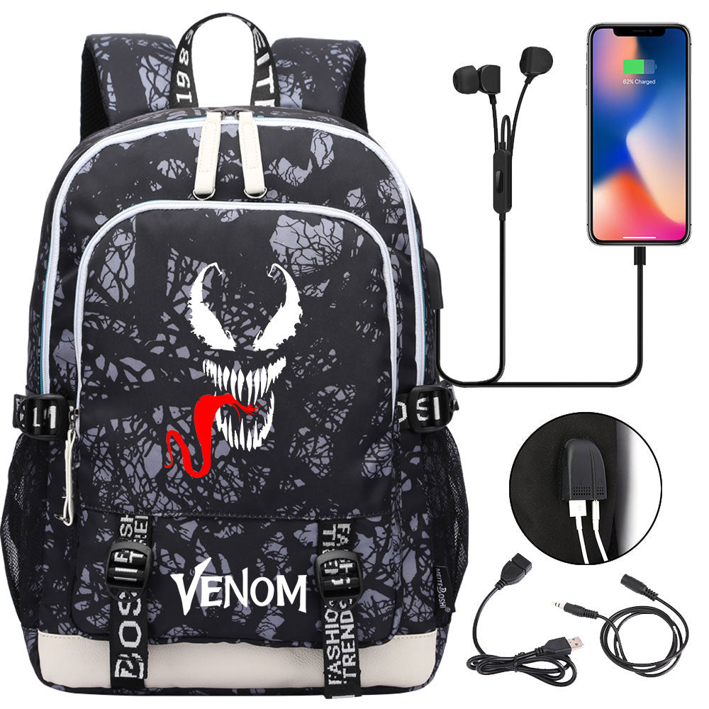 Venom Superhero USB Charging Backpack School Note Book Laptop Travel Bags