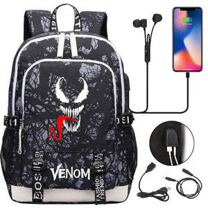 Venom Superhero USB Charging Backpack School Note Book Laptop Travel Bags