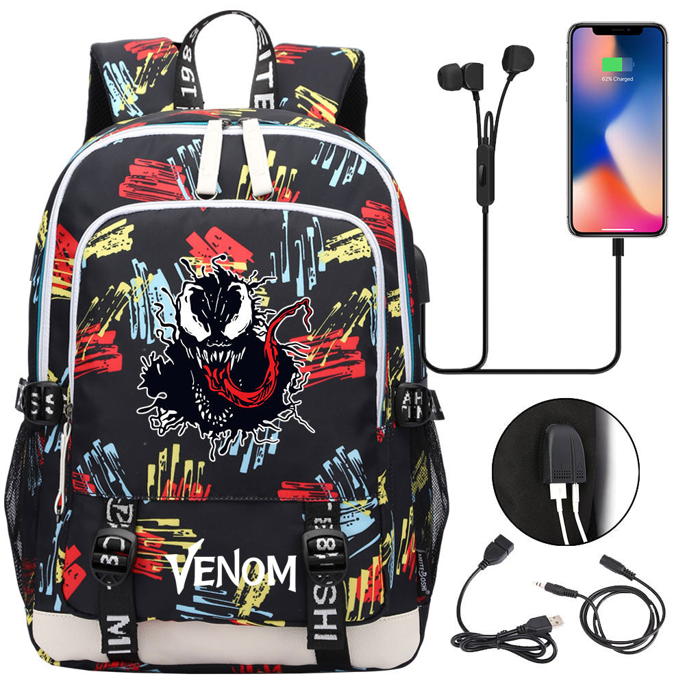 Venom Superhero USB Charging Backpack School Note Book Laptop Travel Bags