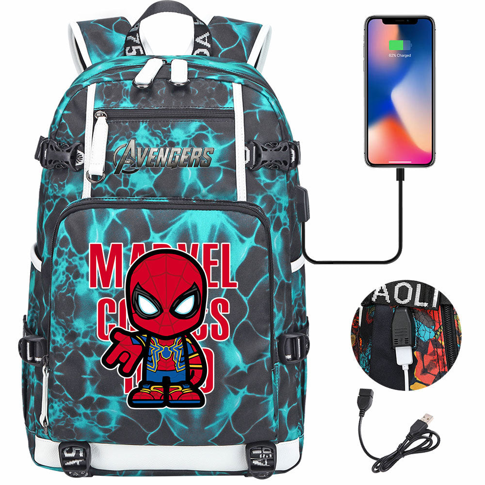 Avengers Superhero Iron Man Captain America Spiderman Hulk Thor Thanos USB Charging Backpack School NoteBook Laptop Travel Bags