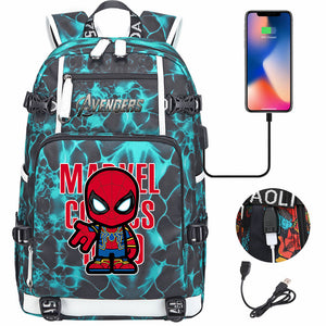Avengers Superhero Iron Man Captain America Spiderman Hulk Thor Thanos USB Charging Backpack School NoteBook Laptop Travel Bags