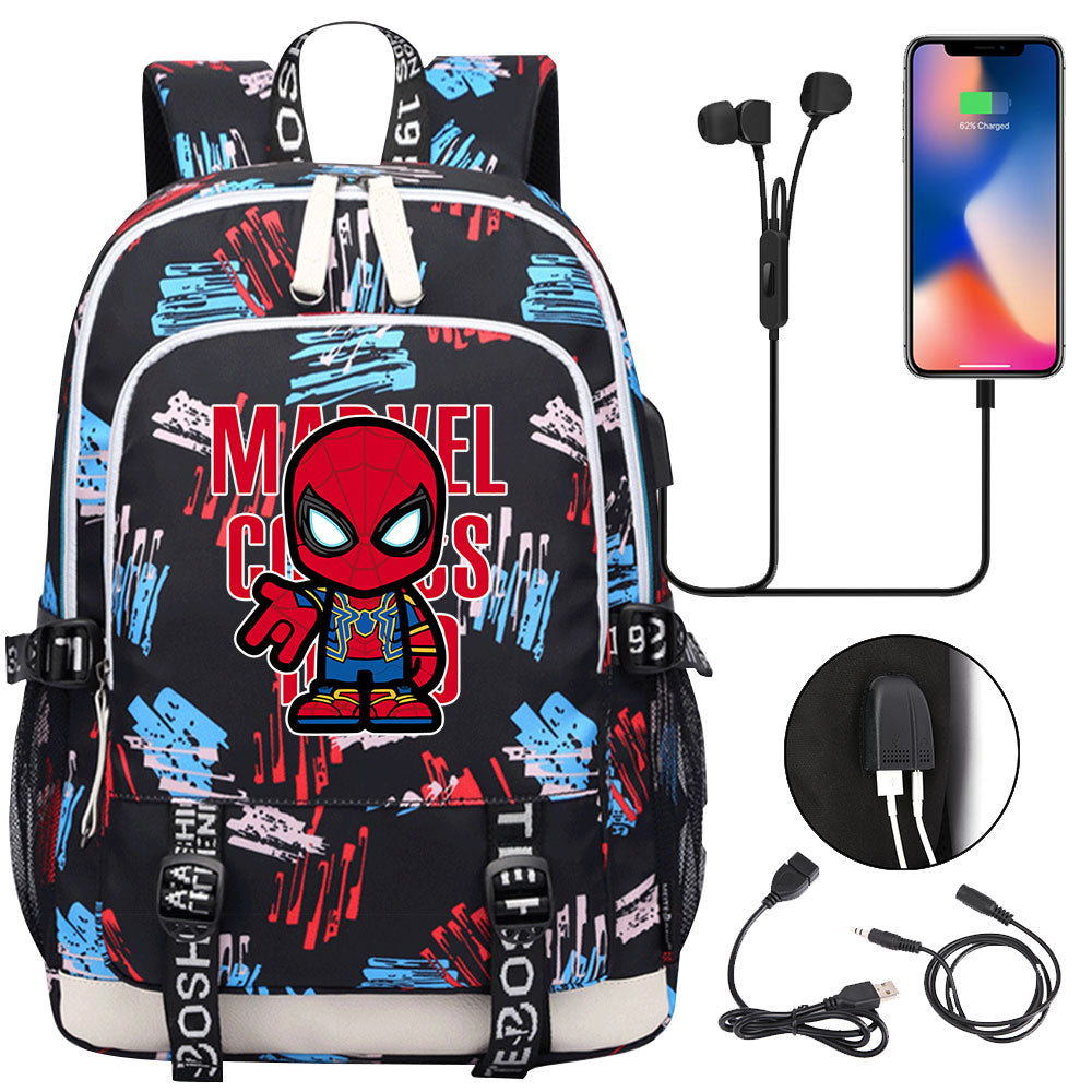 Spiderman Superhero USB Charging Backpack School Note Book Laptop Travel Bags