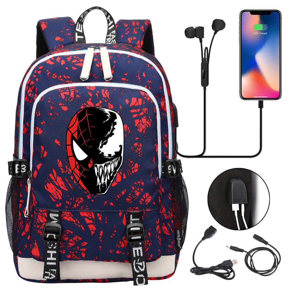 Spiderman Venom Superhero USB Charging Backpack School Note Book Laptop Travel Bags