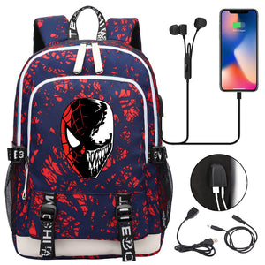 Spiderman Venom Superhero USB Charging Backpack School Note Book Laptop Travel Bags