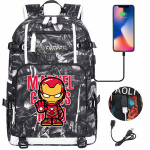 Avengers Superhero Iron Man Captain America Spiderman Hulk Thor Thanos USB Charging Backpack School NoteBook Laptop Travel Bags